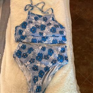 Highwaisted blue floral swim suit